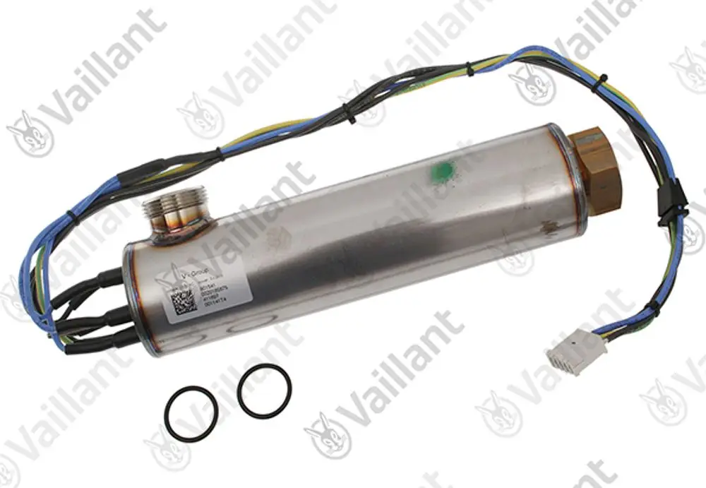 Vaillant Zusatzheizung mit Metallgehäuse und mehreren elektrischen Anschlüssen, versehen mit zwei O-Ringen zur Abdichtung.